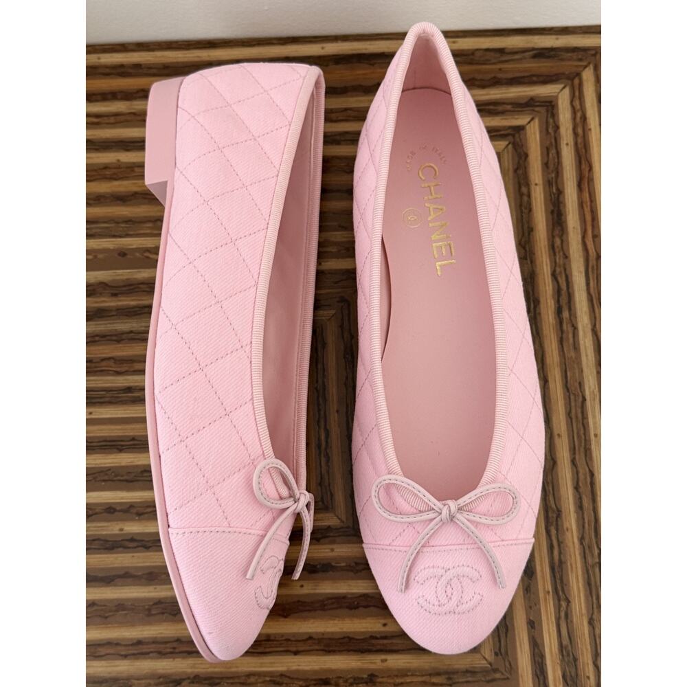 Chanel 26P Light Pink Denim Quilted CC Logo Bow Tie Ballet Ballerina Flat 38 - Picture 5 of 16